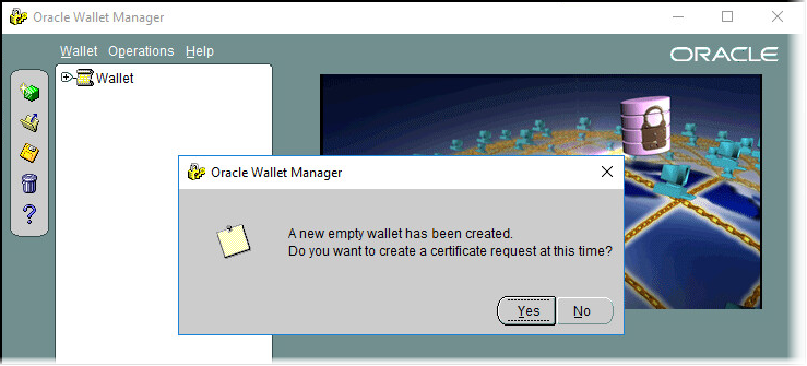 Oracle Wallet Manager dialog box with message confirming the creation of a new wallet where you can choose whether or not you want to create a certificate request